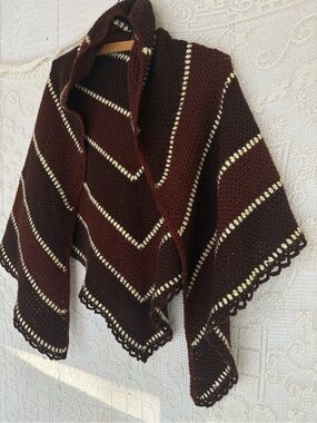 Vintage Handmade Brown Chevron Knit Women's Sweater Shawl one size